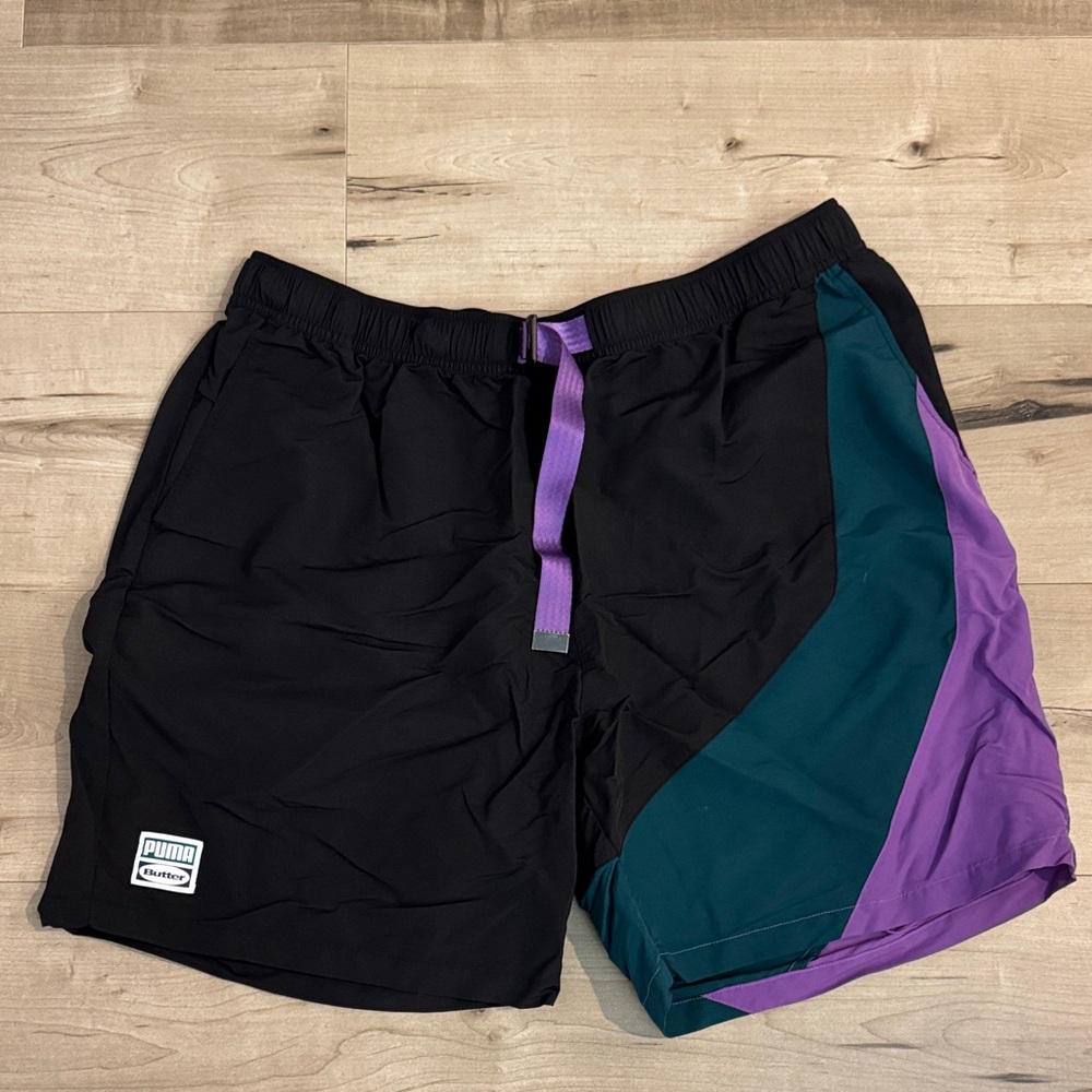 Puma Men's Black and Teal Shorts with Purple Accent